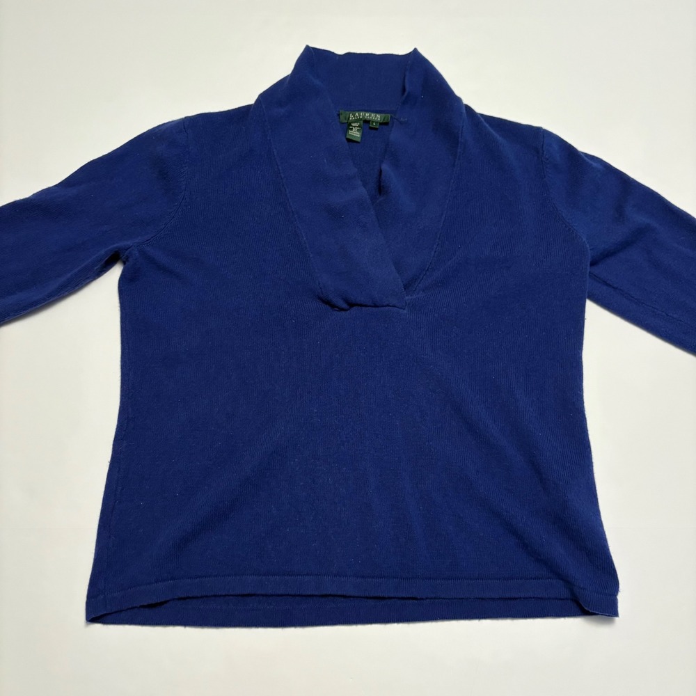 Lauren Ralph Lauren Sweater Women Large Blue Silk Cashmere Shawl Neck V-Neck